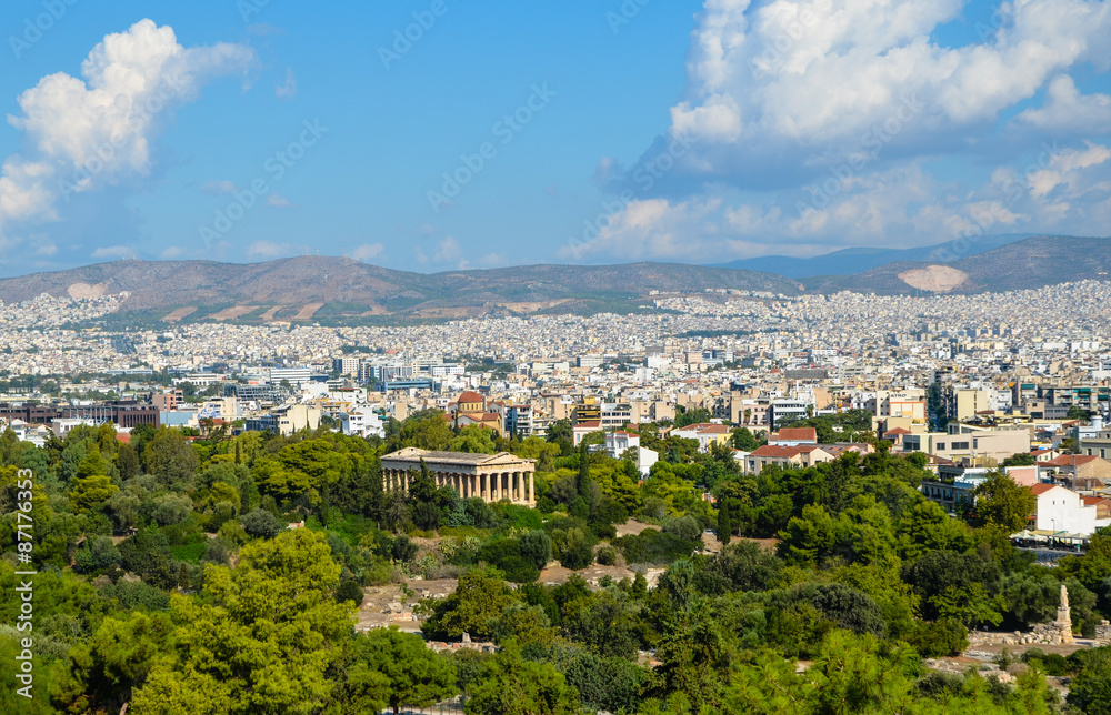 Panorama of Athens City in Greece with beautiful antique monumen