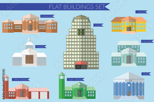 Flat design vector illustration concept for building education icons set. University fire station, bank, city hall, school