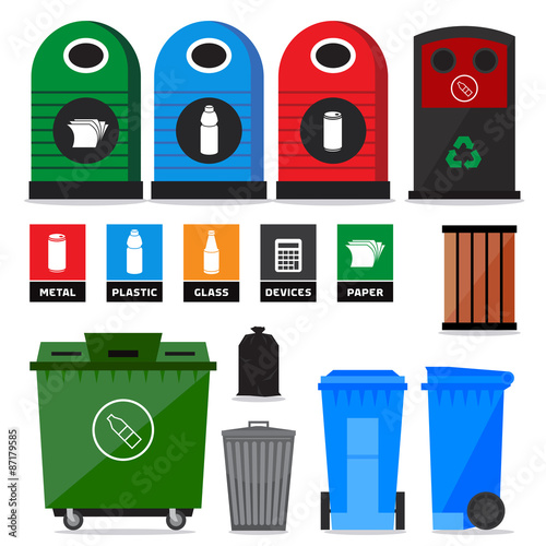 Garbage, litter, trash containers and bins. Icons and signs of recycling products and types