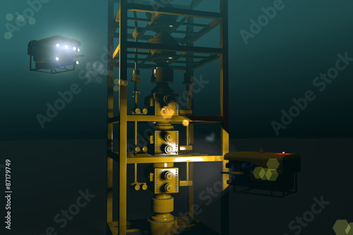 High quality 3D rendering of ROVs inspecting underwater oil and gas equipment. Fictitious ROV is a unique design. Murky water to emphasize depth, lens flare for dramatic effect.