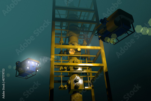 High quality 3D rendering of ROVs inspecting underwater oil and gas equipment. Fictitious ROV is a unique design. Murky water to emphasize depth, lens flare for dramatic effect.