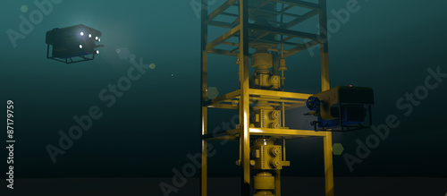 High quality 3D rendering of ROVs inspecting underwater oil and gas equipment. Fictitious ROV is a unique design. Murky water to emphasize depth, lens flare for dramatic effect.