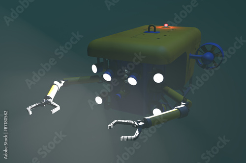 High quality 3D rendering of an ROV submersible deploying mechanical arms. Fictitious ROV is a unique design, created and modeled entirely by myself. Murky water to emphasize depth.
