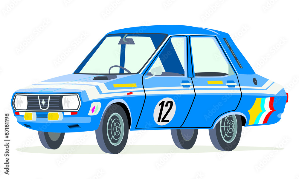 Caricatura Renault 12 Gordini azul de carreras vista frontal y lateral