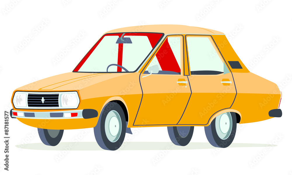 Caricatura Renault 12 naranja vista frontal y lateral