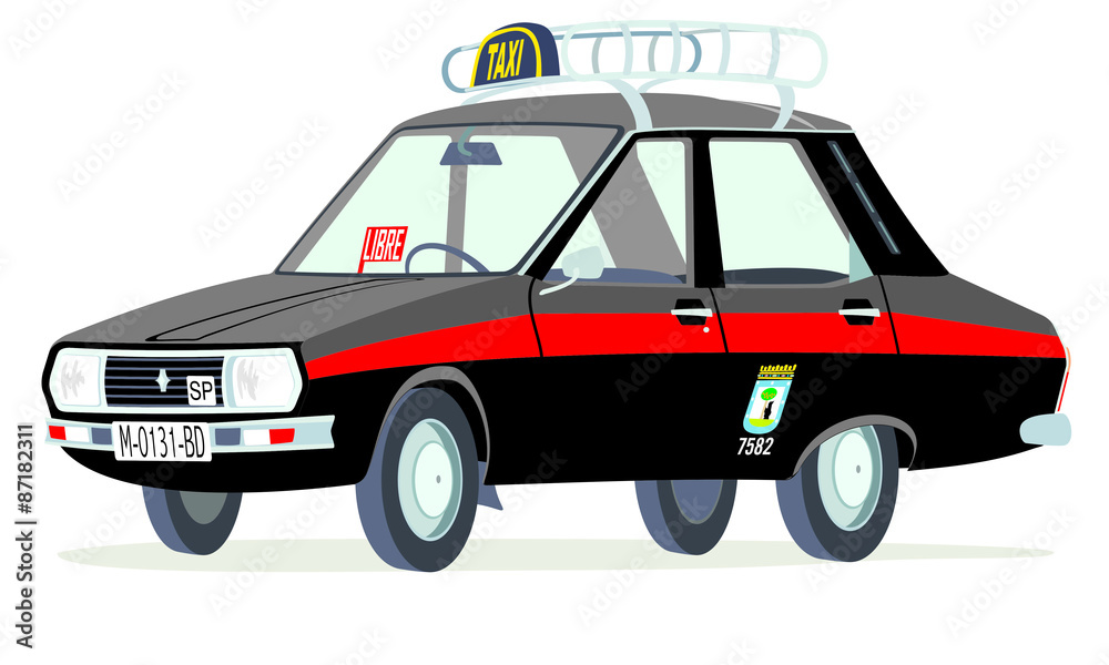 Caricatura Renault 12 taxi Madrid negro vista frontal y lateral