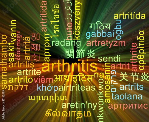 Arthritis multilanguage wordcloud background concept glowing