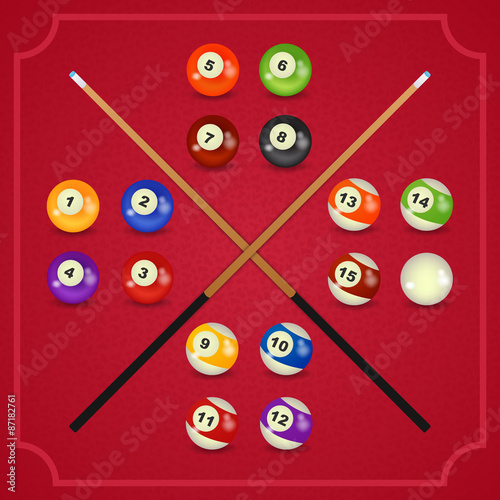 set of billiard balls, billiards, American with cue