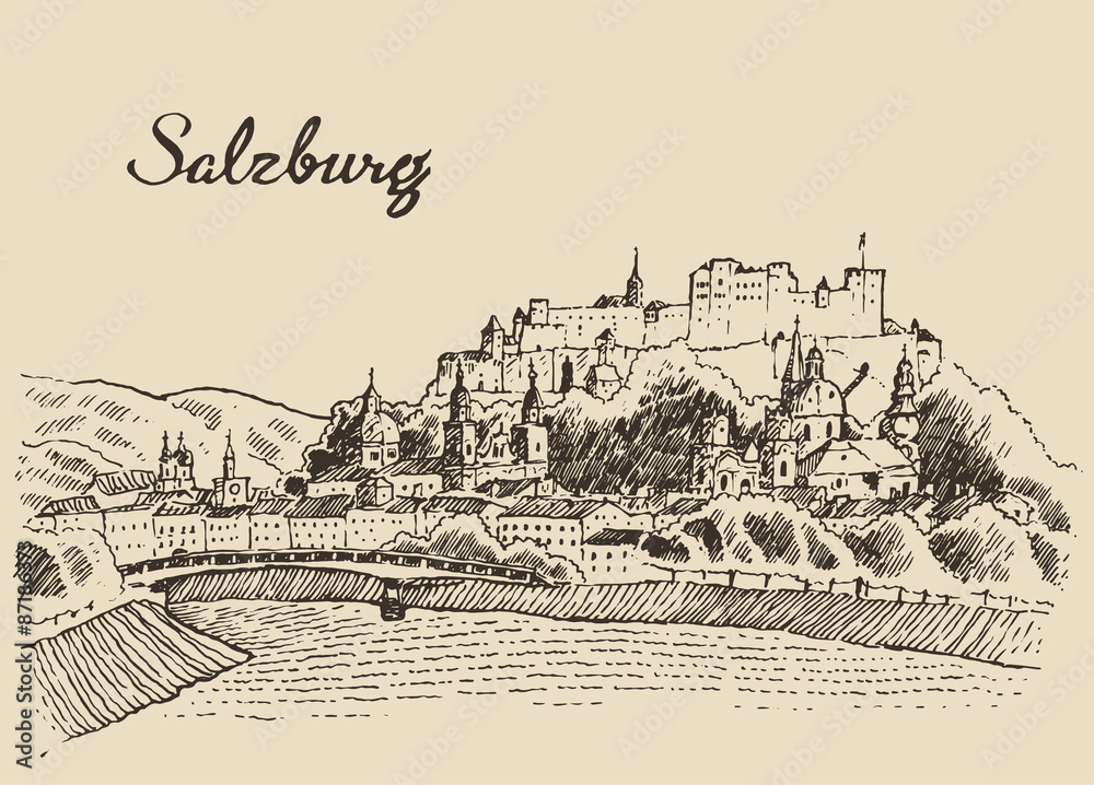 Naklejka premium Salzburg panoramę Austrii vintage ręcznie rysowane szkic