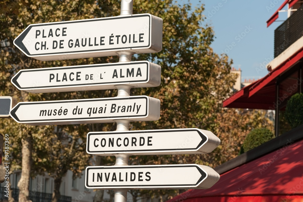 Fototapeta premium Directional signpost to Parisian landmarks in central Paris