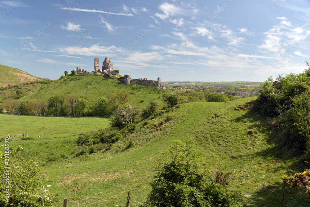 Corfe Castle seen across fields in Dorset Corfe Castle seen across fields in Dorset