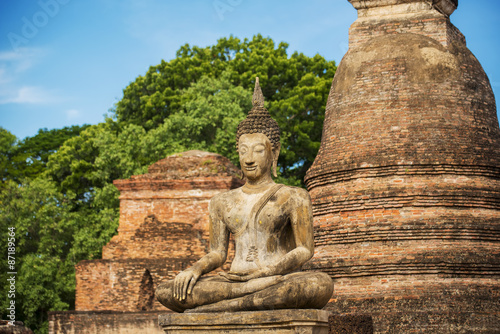 Ancient Buddha Statue at Sukhothai historical park  Mahathat Temple  Thailand.