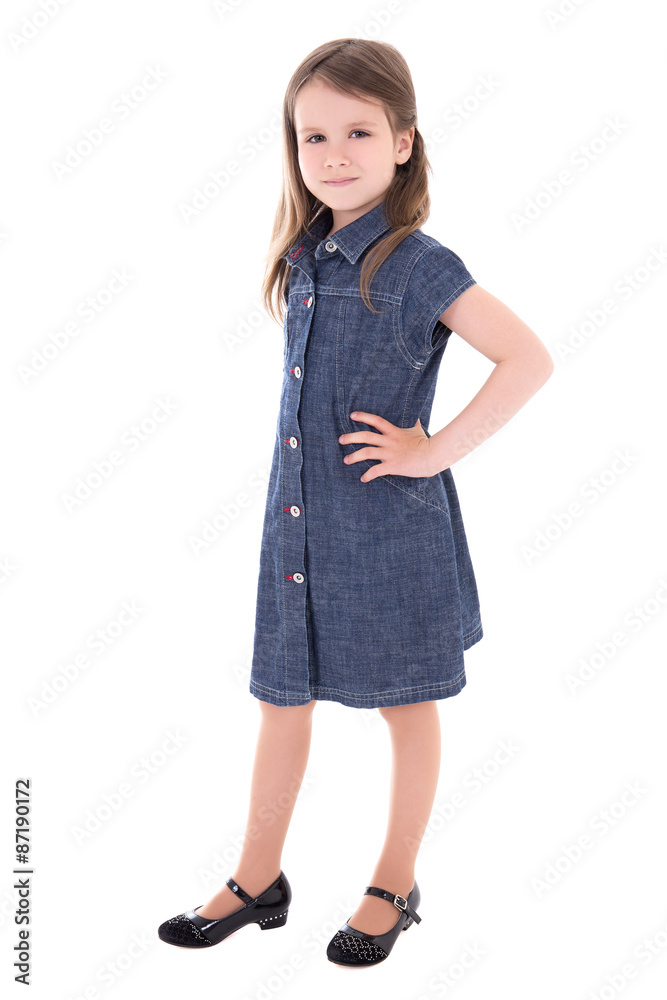 cute little girl in denim dress isolated on white cute little girl in denim dress isolated on white