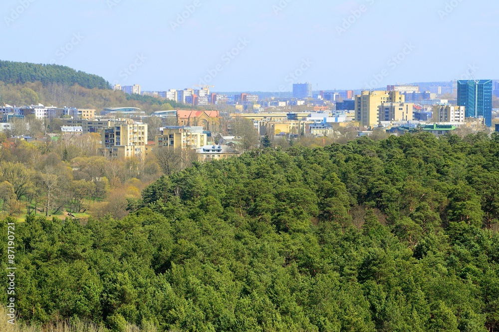 Vilnius city view from Neris river board in Lazdynai district