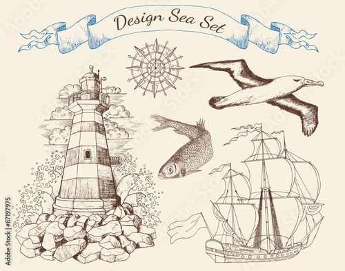 Design sea set with light house, ship, gull and fish