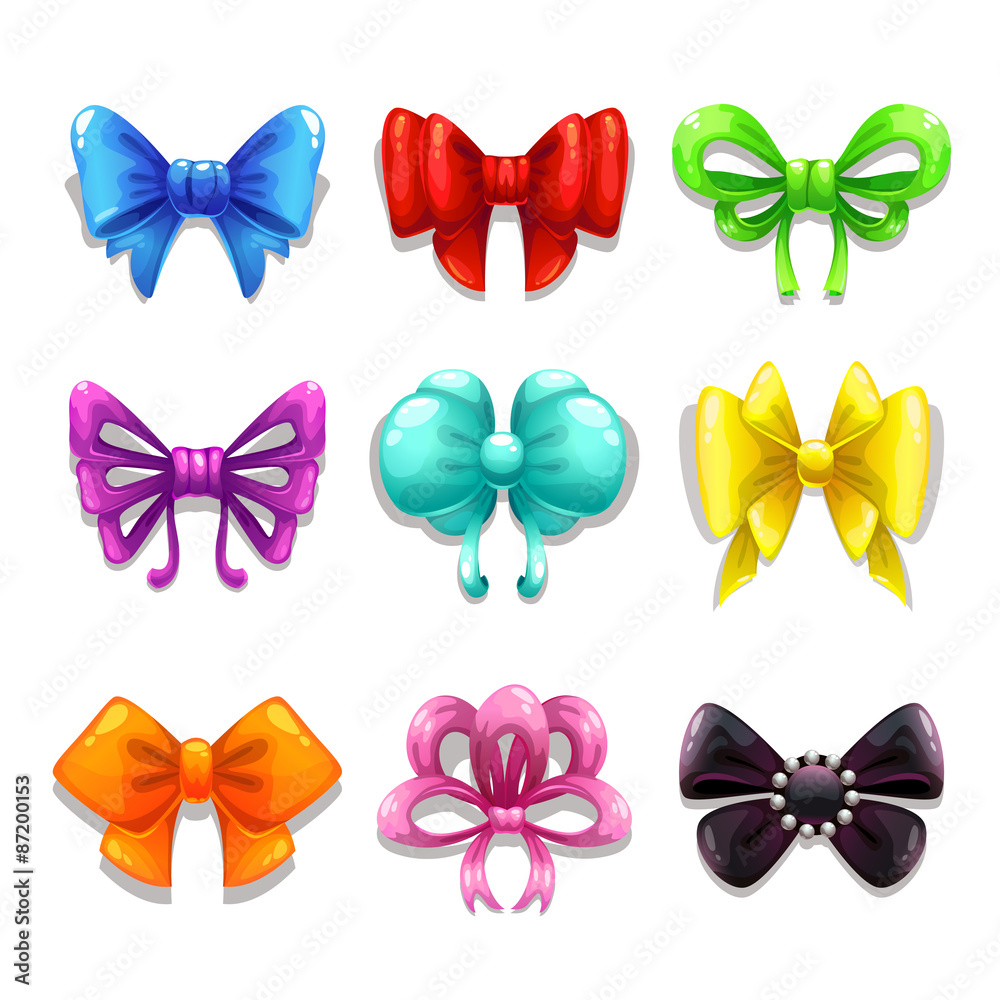 Set of cute colorful bows, isolated vector elements, gradients only
