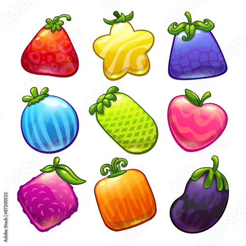 Set of cute cartoon funny fantastic fruits, vector game assets, isolated on white