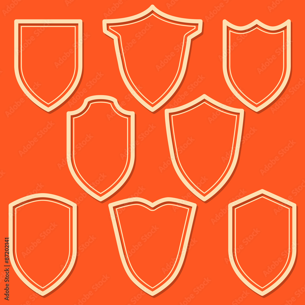 Set of white shield icons. Outline security signs on orange ...