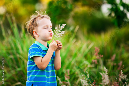 Boy blowing on a dandelion in the summer in the park