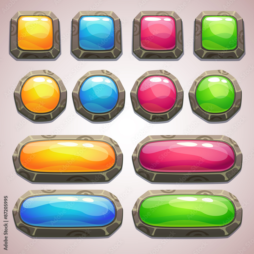 Set of cartoon colorful buttons on gray background, vector ui elements ...