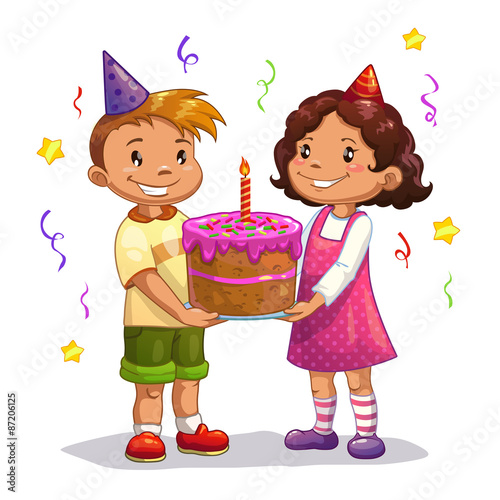 Little cartoon kids with big birthday cake