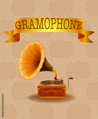 Retro gramophone design on pattern background