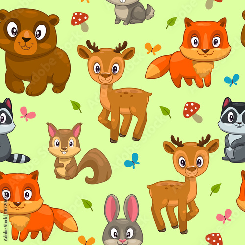 Seamless pattern with cute cartoon forest animals