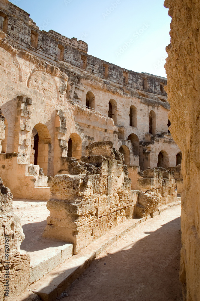 Roman amphitheater of Thysdrus, El Djem, Tunisia. Detail from the interior of the ancient roman amphitheatre in El Djem, Tunisia. Roman amphitheater of Thysdrus, El Djem, Tunisia. Detail from the interior of the ancient roman amphitheatre in El Djem, Tunisia.