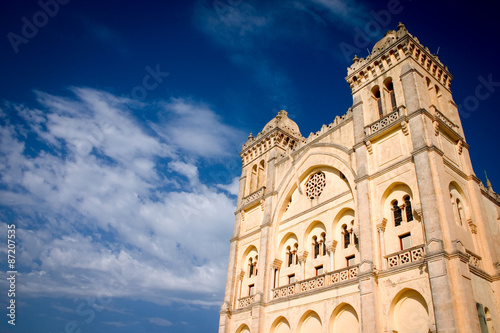 Saint Louis Cathedral, Carthage, Tunisia. Low angle view of the St. Louis Cathedral with a cloudy sky in the background providing copy space. photo