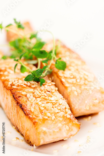 Grilled salmon on white plate closeup