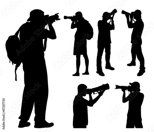 photographers with telephoto lens silhouettes - vector