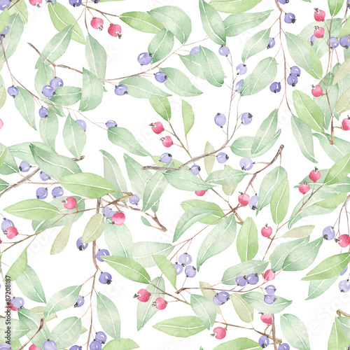 Seamless pattern of blueberries painted in watercolor on a white background