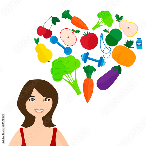 Slender girl, fresh fruits and vegetables. The right lifestyl
