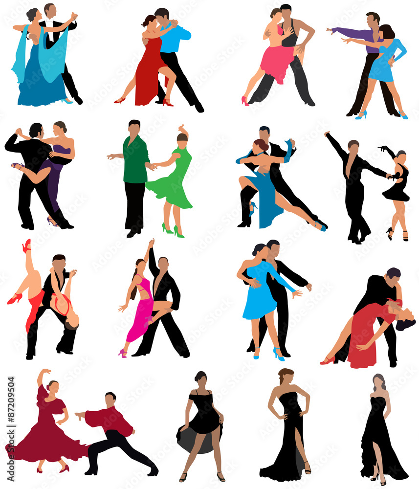 Dancing couples, different styles of dance, color vector illustration