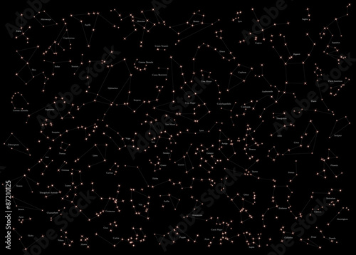 The locations of the 82 constellations in the sky and their names
