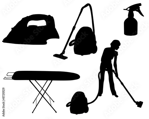 Silhouettes of household appliances: vacuum cleaner, electric iron, ironing-board, sprayer