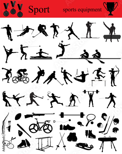 Silhouettes of athletes on trainings and competitions, a collection of sports