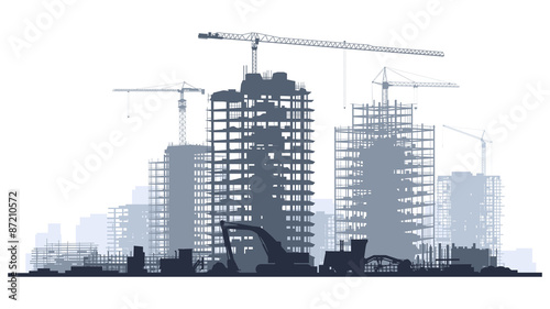 Line illustration of construction site with crane and building. photo