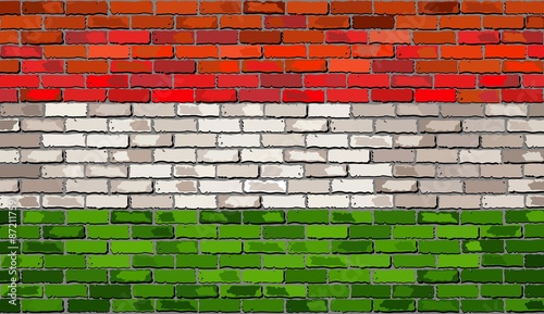 Grunge flag of Hungary on a brick wall,
Hungarian flag on brick textured background, 
Flag of Hungary painted on brick wall,
Flag of Hungary in brick style