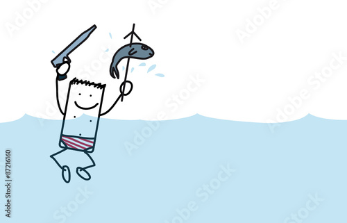 Homme pêchant au harpon dans la mer