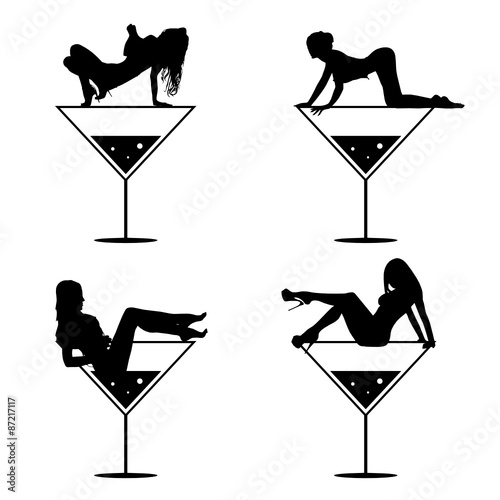 girl and martini black vector silhouette