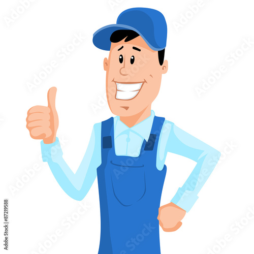 Worker in blue workwear show thumb up