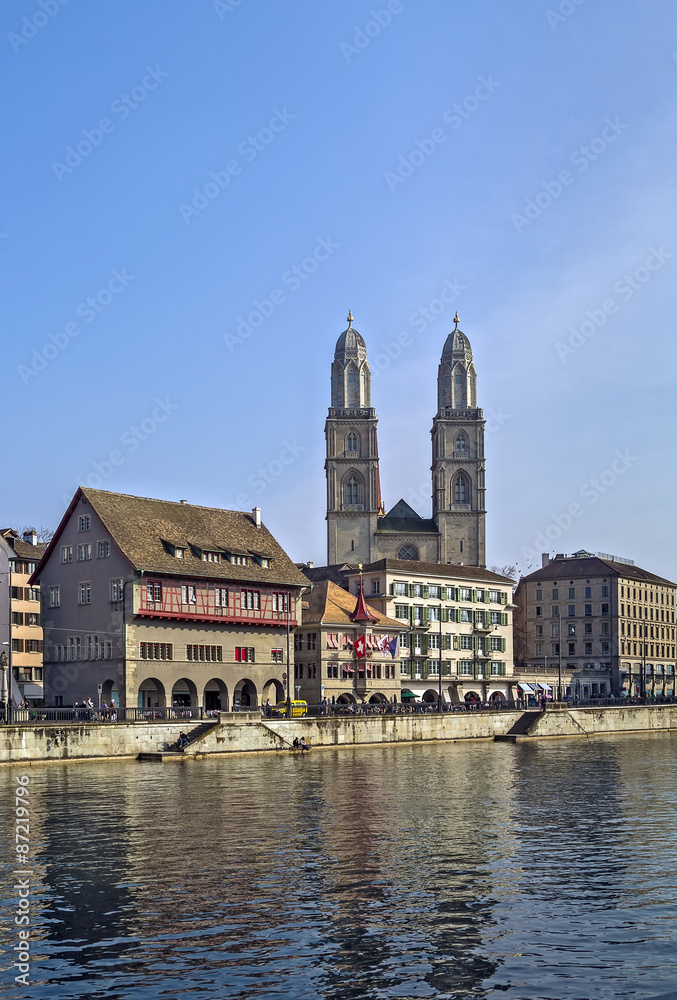 view of embankment of Limmat river, Zurich