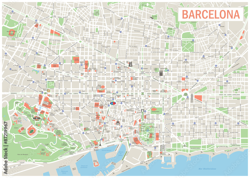 Barcelona Map. Highly detailed vector map of Barcelona. It's includes streets, parks, names of subdistricts, points of interests. - obrazy, fototapety, plakaty 