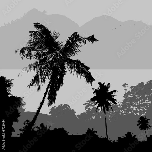 gray tropical landscape scenery with hills and palms near sea eps10