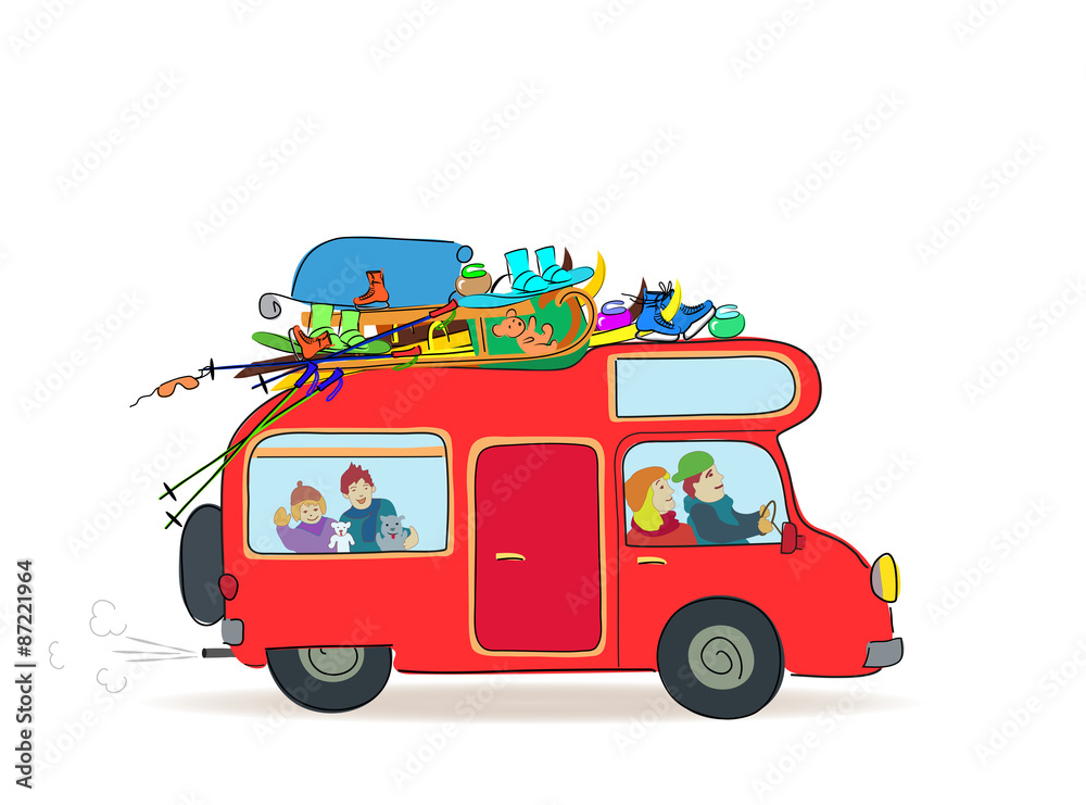 Fototapeta premium Podróży karawaną z rodziną, zimowe wakacje wektor ilustracja na białym tle