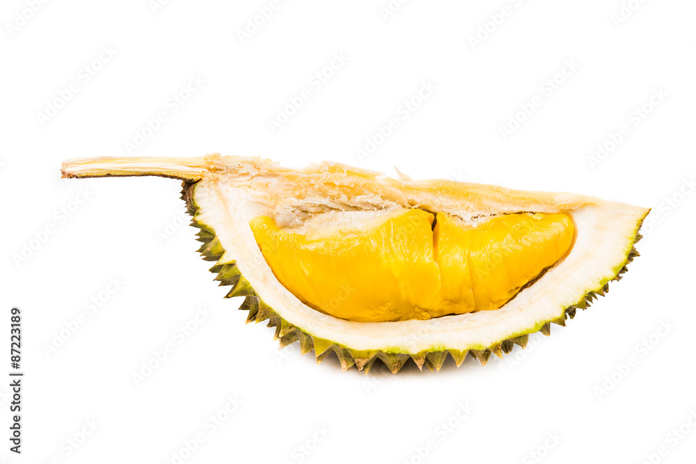 Freshly harvested durian fruit with delicious golden yellow soft flesh Freshly harvested durian fruit with delicious golden yellow soft flesh