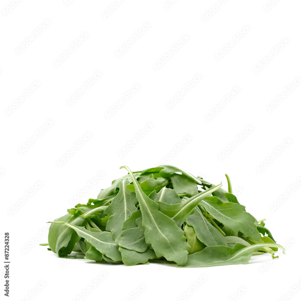 Fresh, green, vegeterian and vegan healthy, raw rocket leaves. Pure white background.. Fresh, green, vegeterian and vegan healthy, raw rocket leaves. Pure white background..