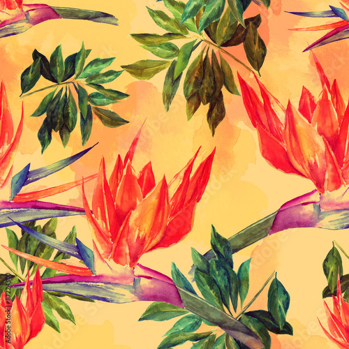 Seamless watercolour pattern with tropical flowers and leaves