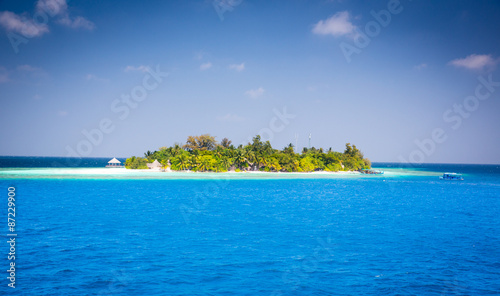 view on a lonely island with palm trees in the Indian Ocean   Maldives